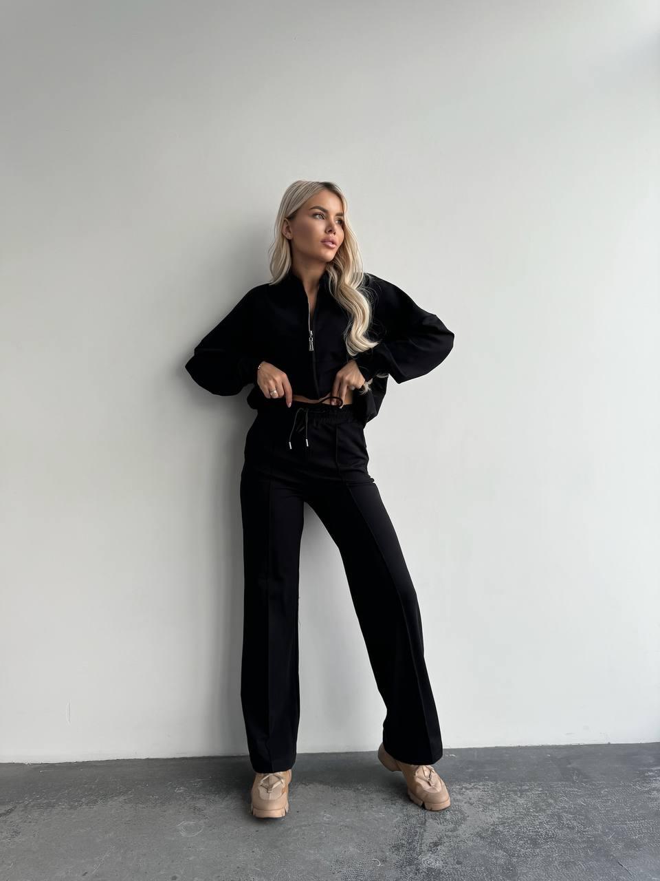 Жіночий базовий модний трендовий костюм у стилі Zara кофта на замку та штани пояс на гумці двонитка Туреччина, фото 1