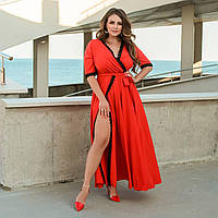 Женское красное длинное платье с запахом с кружевом большие размеры