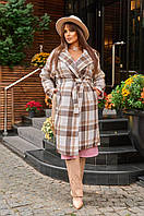 Женское кашемировое коричневое пальто миди на запах с поясом