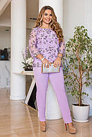 Женский сиреневый нарядный костюм из блузы с вышивкой и брюк большие размеры