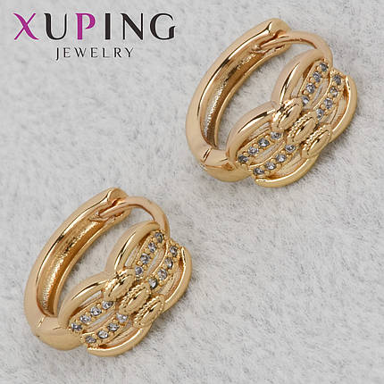 Серёжки женские золотистого цвета Xuping Jewelry 18K кольцо конго с узорами и белыми стразами диаметр 15 мм, фото 1