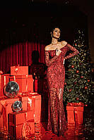Вечернее красное облегающее платье макси из сетки с пайетками с открытыми плечами
