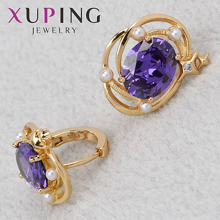 Серёжки женские золотистого цвета Xuping Jewelry 18K кольцо конго с фианитами и жемчужинками диаметр 15 мм, фото 1