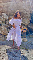 Женское белое длинное летнее платье с открытыми плечами