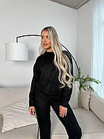Женский базовый спортивный замшевый костюм кофта батник и брюки на резинке с декоративным швом впереди Черный, 48
