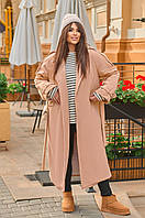 Женское кашемировое бежевое пальто длинное демисезонное на запах с поясом