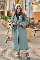 Женское кашемировое оливковое пальто длинное демисезонное на запах с поясом