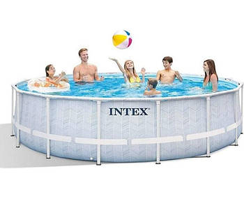 Басейн каркасний круглий (488-122см, 19156 л, сходи, фільтр, тент) Intex 26746 Сірий Chevron