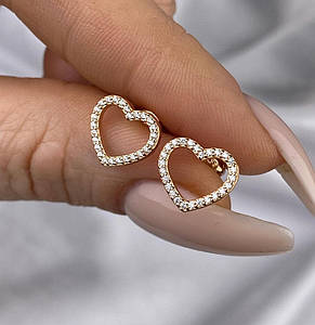 Срібні позолочені сережки пусети серця з гвинтовою застібкою, сережки сердечки, фото 2