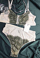 Комплект женского белья из сетки. Топ и стринги высокая посадка