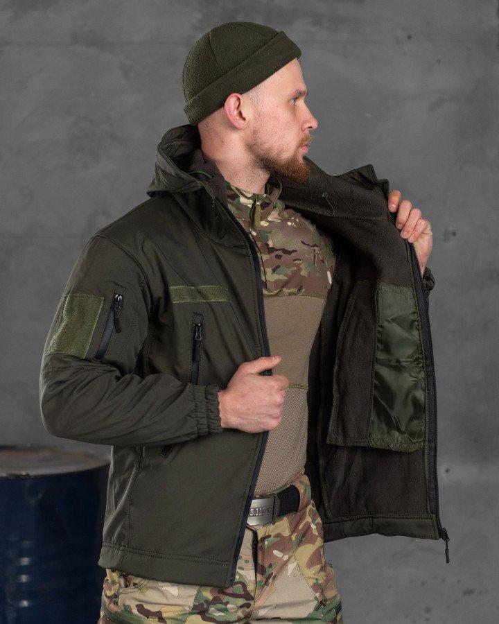 Демисезонная куртка Soft Shell хаки, тактическая утепленная куртка с капюшоном и липучками под шевроны - фото 4 - id-p2092572176
