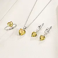 Жіночий комплект ювелірних виробів з жовтим цирконом Yellow Heart срібло 925 проби сережки, підвіска, кільце