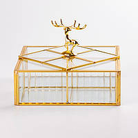 Шкатулка для украшений Золотой олень прямоугольная стекло с металлическим каркасом 18х18,5 см