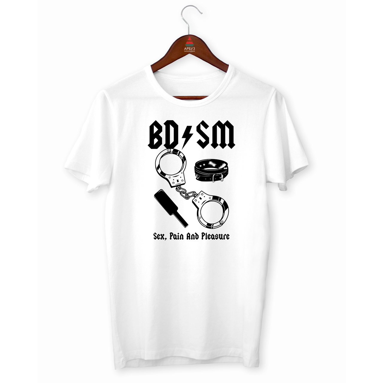 Футболка біла з оригінальним принтом "БДСМ. Секс. Біль і насолода. БДСМ" Push IT. Футболки 18+
