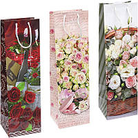 Подарочный глянцевый пакет для женщин с рисунками цветов для бутылки 12х39х9 см 7008 в упаковке 12 штук