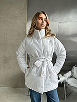 Весенняя теплая женская куртка с капюшоном модная стильная теплая курточка на кнопках с поясом 250 OS 42/44, Белый