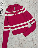 Трендовый женский мягкий теплый полосатый свитер оверсайз кофта в полоску 42-46 трикотаж Турция кофта поло OS Малина