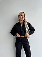Женский базовый модный трендовый костюм в стиле Zara кофта на замке и штаны пояс на резинке двунитка Турция OS 44, Черный