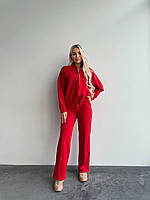 Женский базовый модный трендовый костюм в стиле Zara кофта на замке и штаны пояс на резинке двунитка Турция OS 42, Красный
