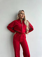 Женский базовый модный трендовый костюм в стиле Zara кофта на замке и штаны пояс на резинке двунитка Турция OS 44, Красный