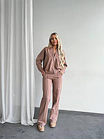 Женский базовый модный трендовый костюм в стиле Zara кофта на замке и штаны пояс на резинке двунитка Турция OS 46, Мокко
