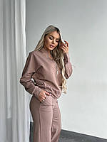 Женский базовый модный трендовый костюм в стиле Zara кофта на замке и штаны пояс на резинке двунитка Турция OS 48, Мокко