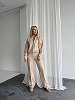 Женский базовый модный трендовый костюм в стиле Zara кофта на замке и штаны пояс на резинке двунитка Турция OS 42, Бежевый