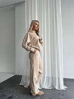 Женский базовый модный трендовый костюм в стиле Zara кофта на замке и штаны пояс на резинке двунитка Турция OS 46, Бежевый