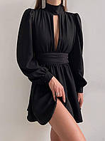 Идеальное женское базовое эффектное платье воздушные рукава драпированное на поясе застегивается на молнию OS 46/48, Черный