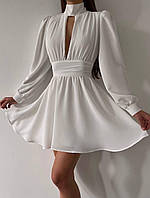 Идеальное женское базовое эффектное платье воздушные рукава драпированное на поясе застегивается на молнию OS 46/48, Белый