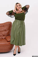 Нарядний жіночий костюм блуза з рукавами сітка та спідниця міді колір хакі великого розміру / батал 50-52