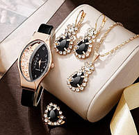 Подарочный набор для женщин: наручные часы, браслет, кольцо, ожерелье и серьги - без подарочной коробки черный