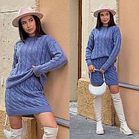 Женский стильный теплый костюм вязаный косичкой свитер с юбкой короткой весна молоко пудра изумруд джинс 42-48