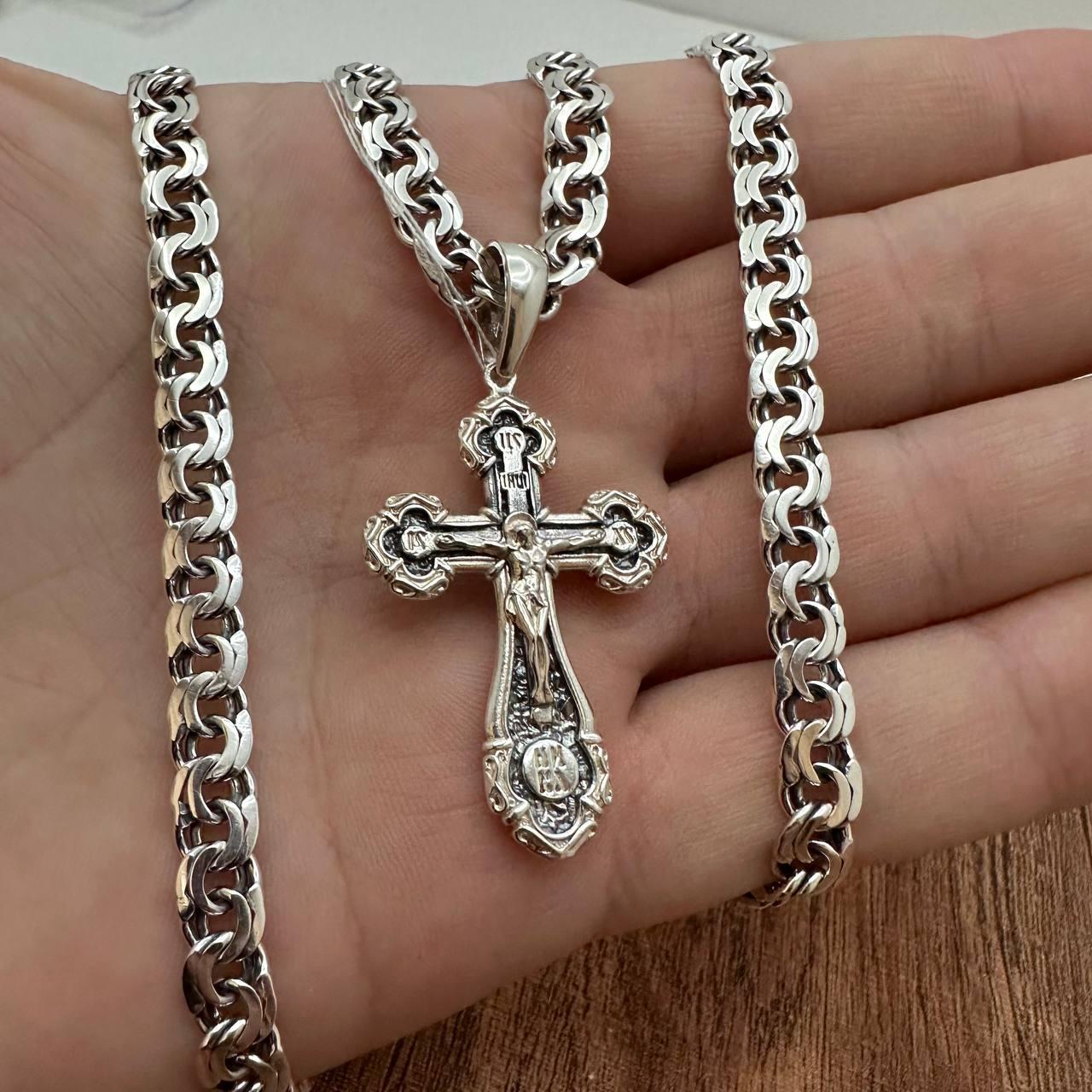 Чоловічий комплект з чорнінням хрест і ланцюжок плоский бісмарк срібло 925 проби 60 см, фото 1