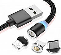 3 в 1 Магнитный кабель USB - Lightning для Apple, Micro Usb, Type-C с подсветкой