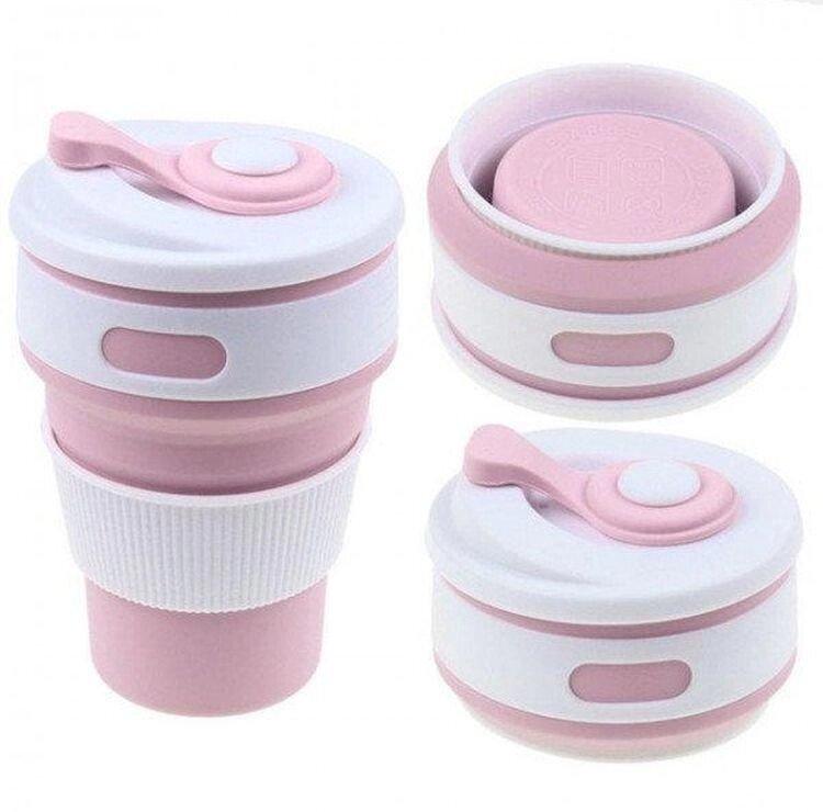 Складана силіконова чашка склянка з кришкою та напувалкою Collapsible pink 350 мл