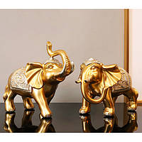 Статуетка Фен шуй подарункова Пара слонів у золотому кольорі (h-14 см), статуетка інтер'єрна на стіл