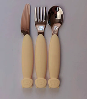 Приборы детские силиконовые с металлическим наконечником Мишка (вилка, ложка и нож) Нежно-желтый