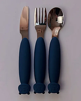 Приборы детские силиконовые с металлическим наконечником Мишка (вилка, ложка и нож) Темно-синий