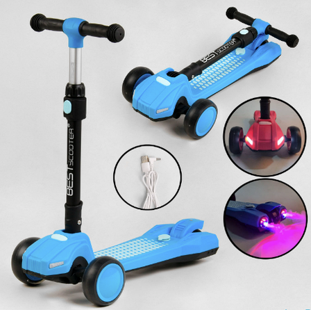 Дитячий самокат з турбіною, димом, музикою та підсвічуванням "Best Scooter" LT-10635 складаний, синій, фото 1