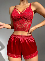 Пижама женская кружевная на тонких бретельках бордового цвета
