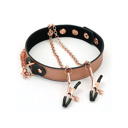 Нашийник із затискачами для сосків Liebe Seele Rose Gold Memory Collar with Nipple Clamps, шкіра, фото 1