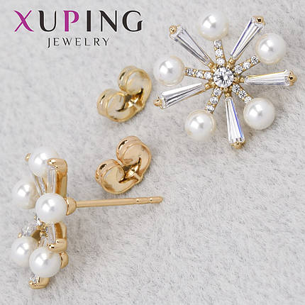 Серьги женские золотистого цвета Xuping Jewelry гвоздики пуссеты с стразами и жемчужинами диаметр 16 мм, фото 1