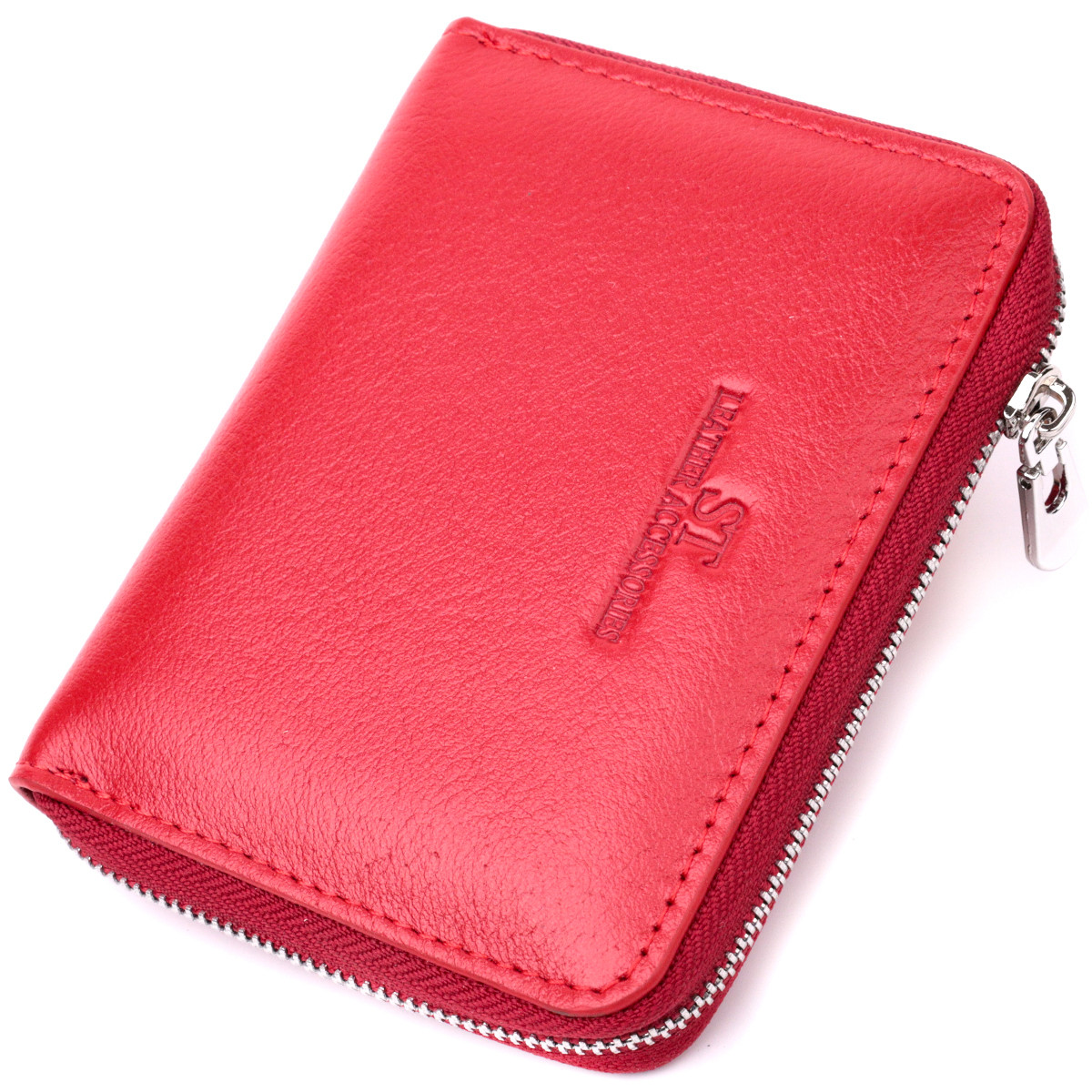 Шкіряний жіночий гаманець на блискавці з тисненим логотипом виробника ST Leather червоний