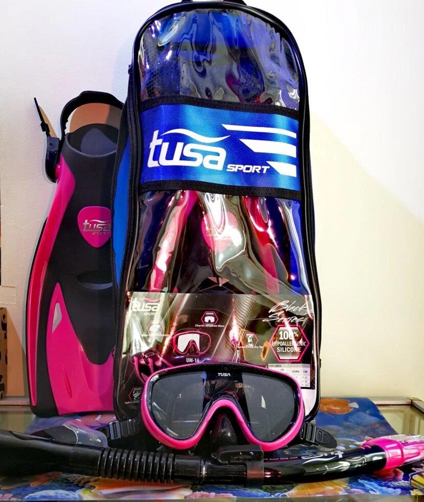 Набор для плавания Tusa (Япония): маска + трубка + ласты розовый металлик - фото 1 - id-p1928162517