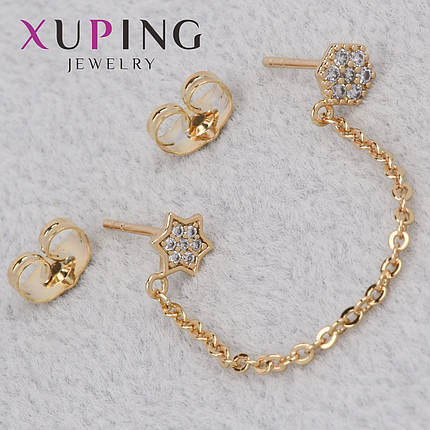 Серьга женская золотистого цвета Xuping Jewelry гвоздик пуссет звёздочка и цветочек с фианитами диаметр 5 мм, фото 1