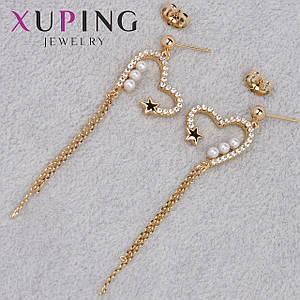 Серьги женские золотистого цвета Xuping Jewelry гвоздики пуссеты сердечки с стразами и жемчугом длина 7 см