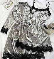 Комплект ночнушка и халат яркий и очень красивый из мраморного велюра Серебро