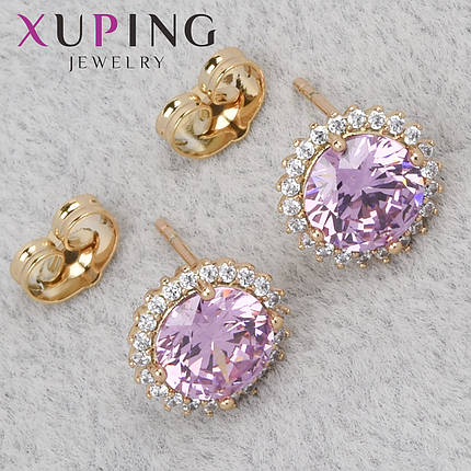 Серьги женские золотистого цвета Xuping Jewelry гвоздики пуссеты с розовыми кристаллами диаметр 11 мм, фото 1