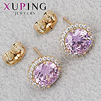 Сережки жіночі золотистого кольору Xuping Jewelry гвоздики псети з рожевими кристалами діаметр 11 мм